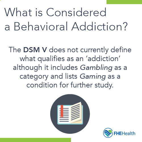 What is considered a behavioral addiction? The DSM V does not currently define what qualifies as an 'addiction' although it includes Gambling as a category and lists Gaming as a condition for further study.