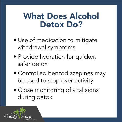 Use of medication to mitigate withdrawal symptoms, provide hydration for quicker safer detox, Controlled benzos may be used to stop over-activity, Close monitoring of vital signs during detox