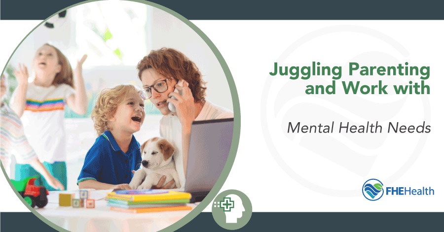 Parenting and mental health - Mother on the phone, with a dog in one arm, while three children play around her